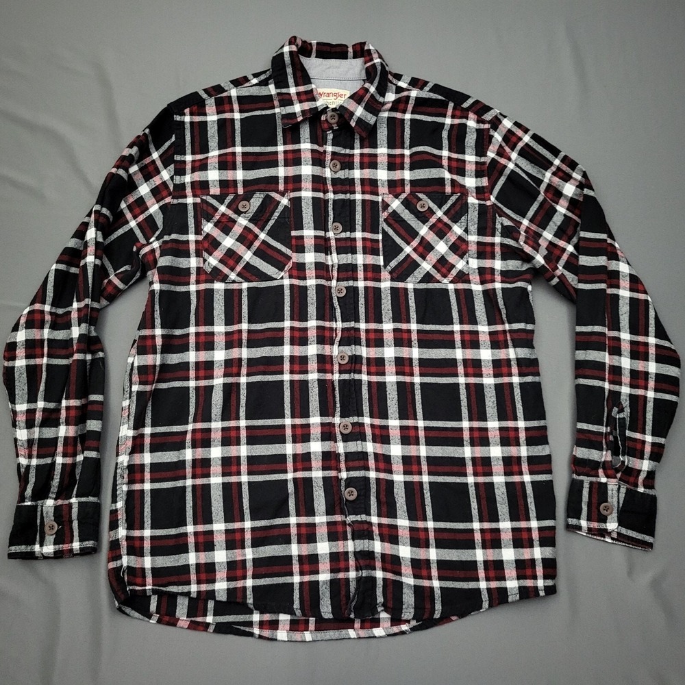 Wrangler Authentics Mens Medium Black Red White Plaid Flannel Shirt‎ Western